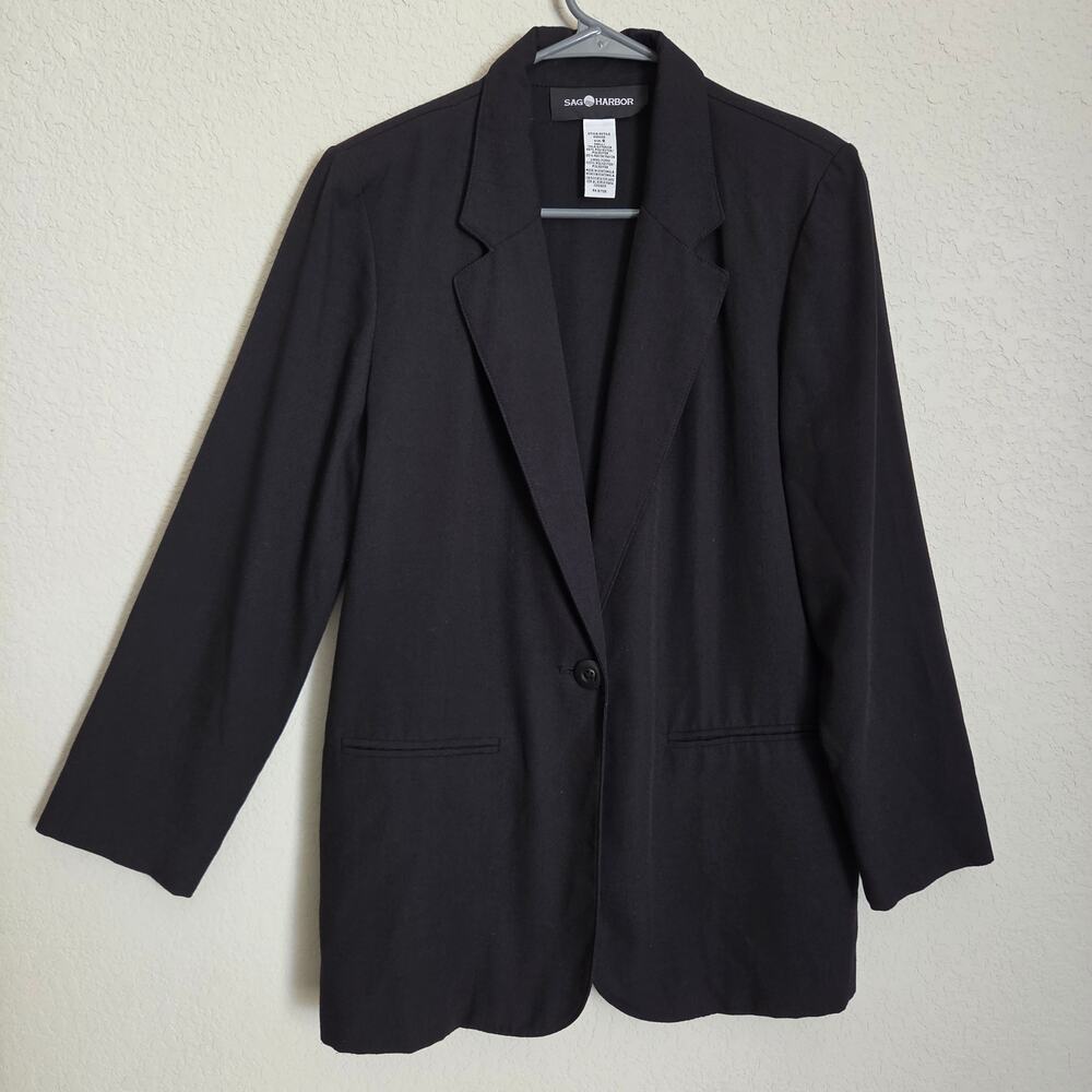 Vintage 90s Black Blazer Sag Harbor Womens 8 M Single Button Classic Minimalist